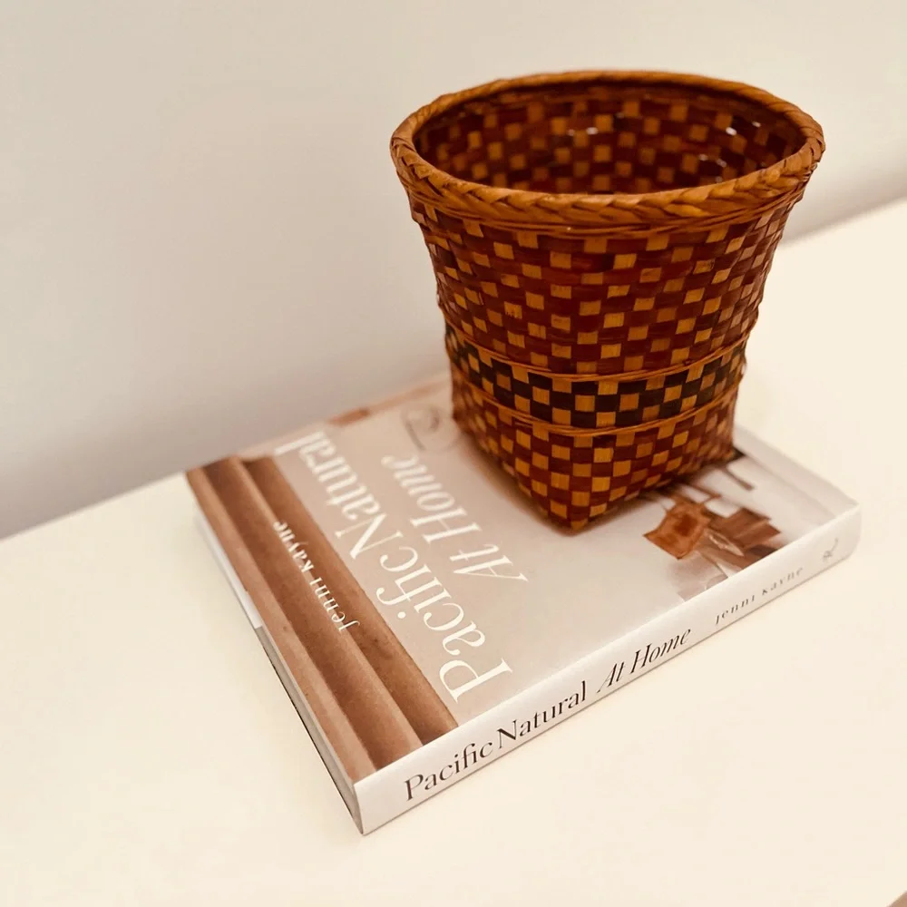 STUNNING PLANT HOLDER‎ CHECKERED WOVEN BOHO BASKET BROWN/TAN/BLACK EUC